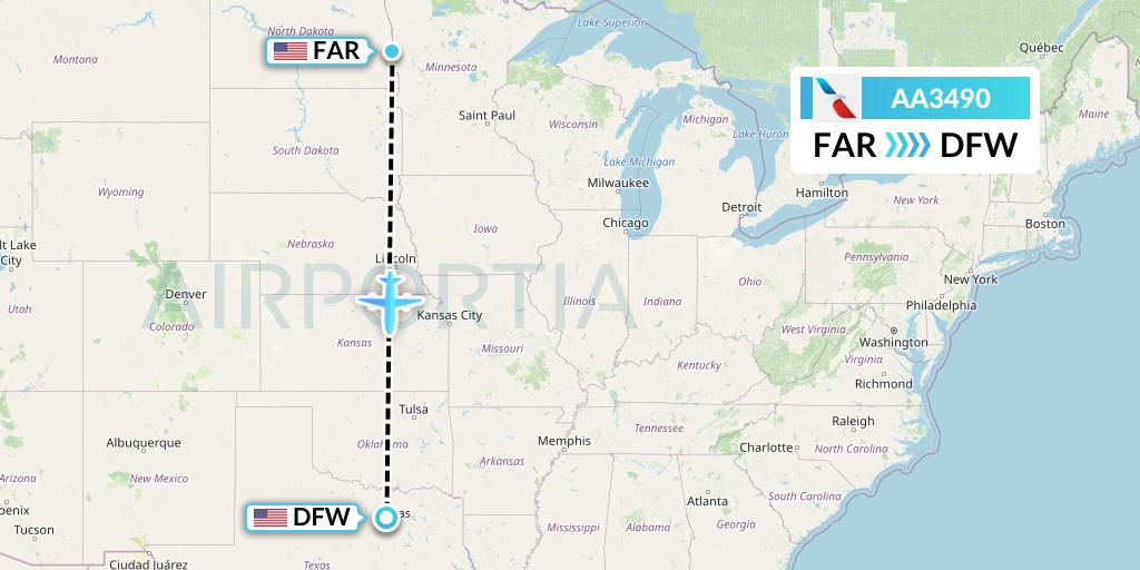 AA3490 American Airlines Flight Map: Fargo to Dallas