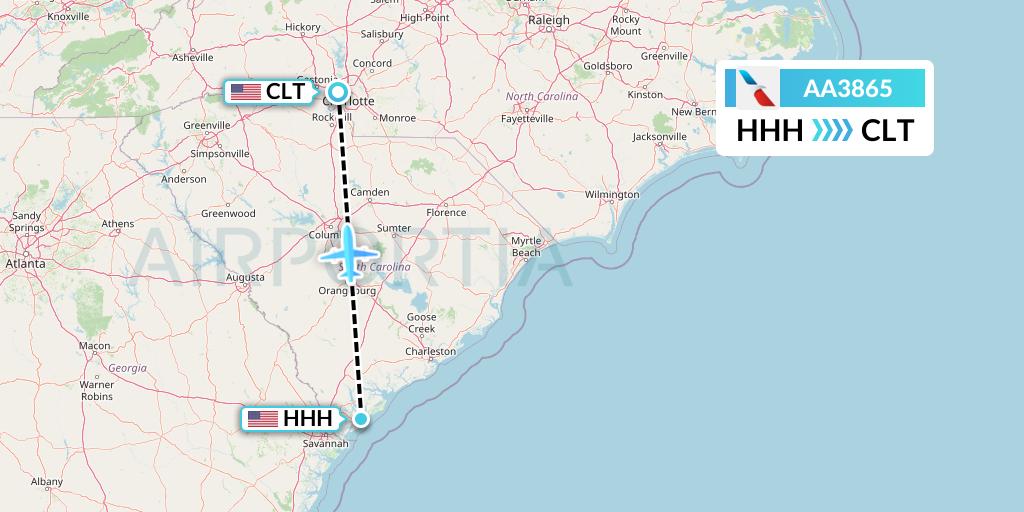 AA3865 American Airlines Flight Map: Hilton Head Island to Charlotte