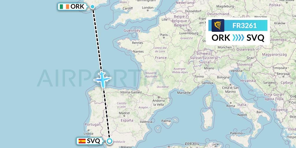FR3261 Ryanair Flight Map: Cork to Seville