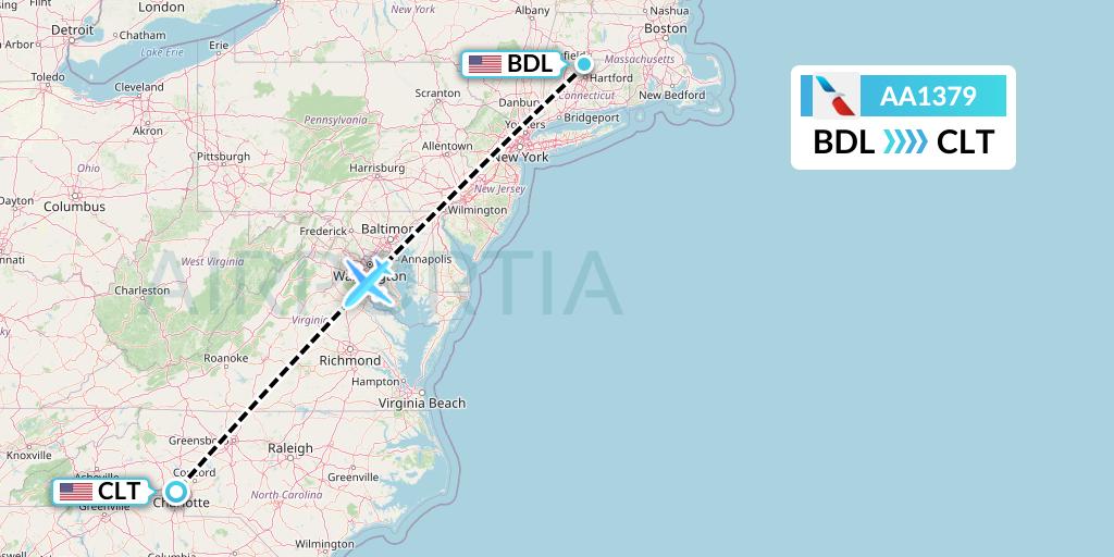 AA1379 American Airlines Flight Map: Windsor Locks to Charlotte