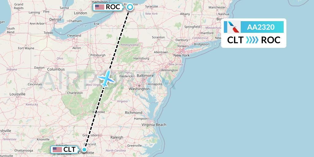AA2320 American Airlines Flight Map: Charlotte to Rochester