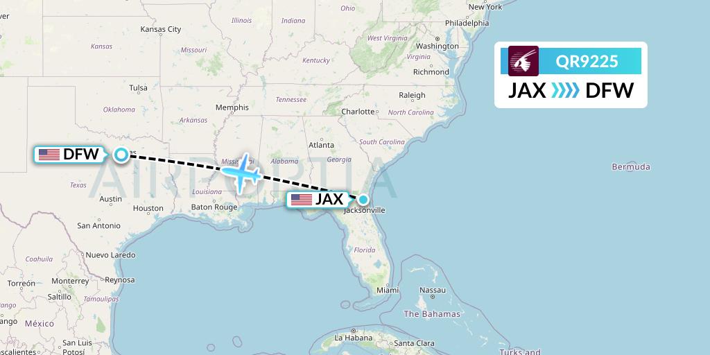 QR9225 Qatar Airways Flight Map: Jacksonville to Dallas