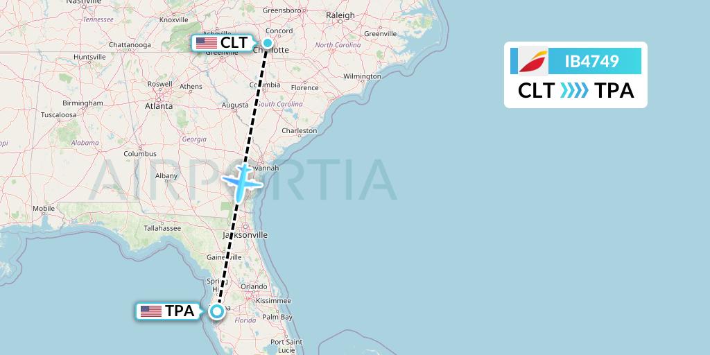 IB4749 Iberia Flight Map: Charlotte to Tampa