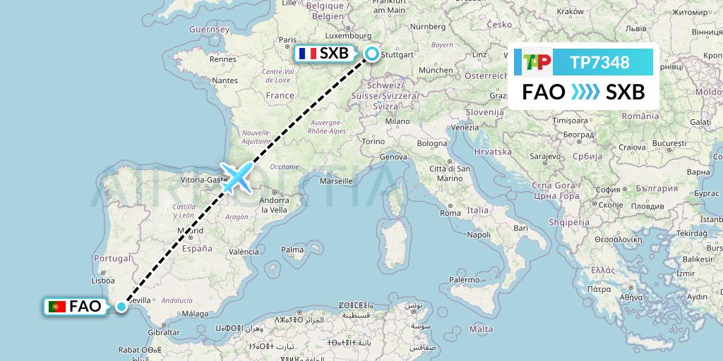 TP7348 TAP Portugal Flight Map: Faro to Strasbourg