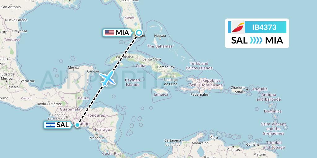 IB4373 Iberia Flight Map: San Salvador to Miami