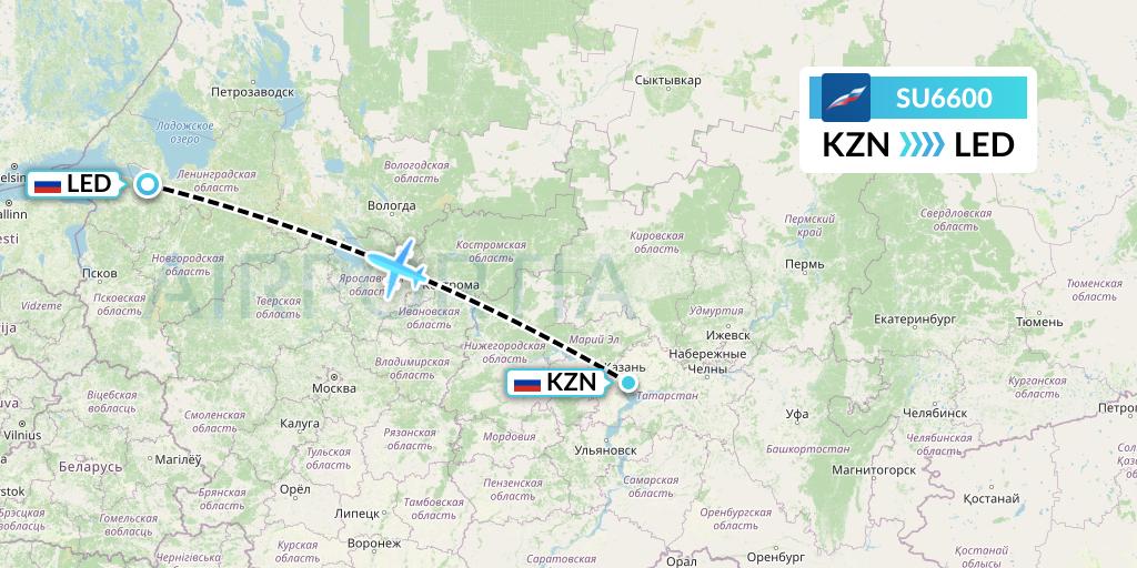 SU6600 Aeroflot Flight Map: Kazan to St. Petersburg