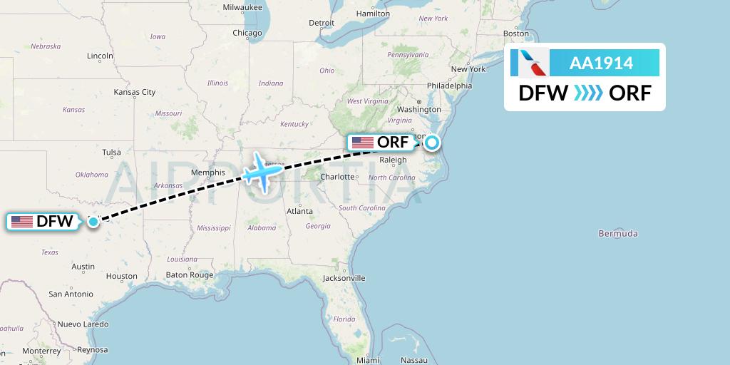 AA1914 American Airlines Flight Map: Dallas to Norfolk