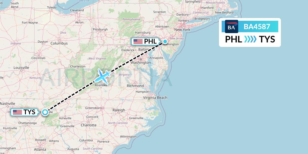 BA4587 British Airways Flight Map: Philadelphia to Knoxville