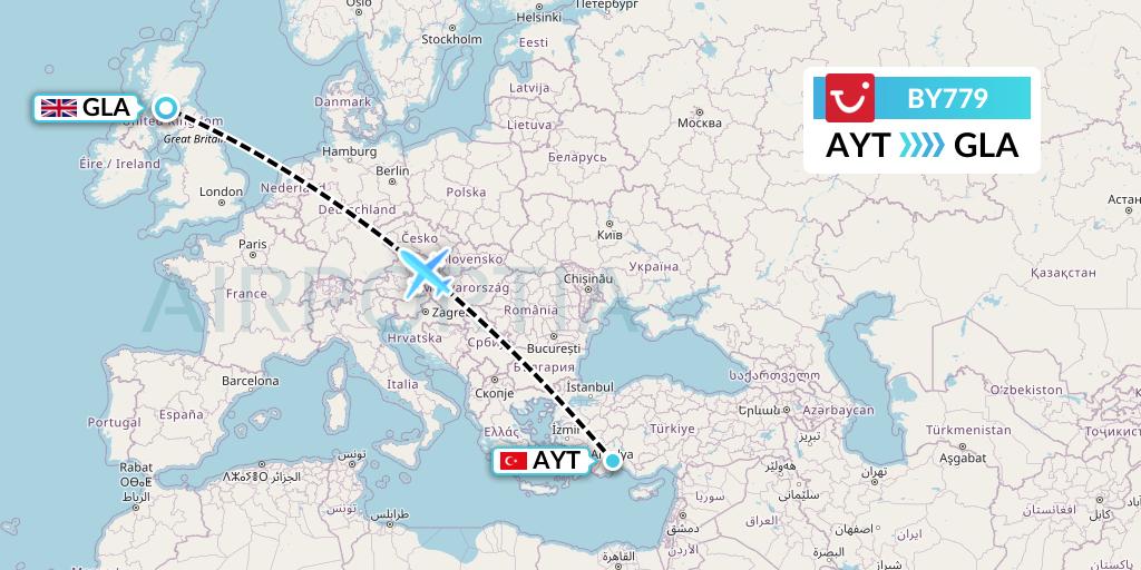 BY779 TUI Airways Flight Map: Antalya to Glasgow
