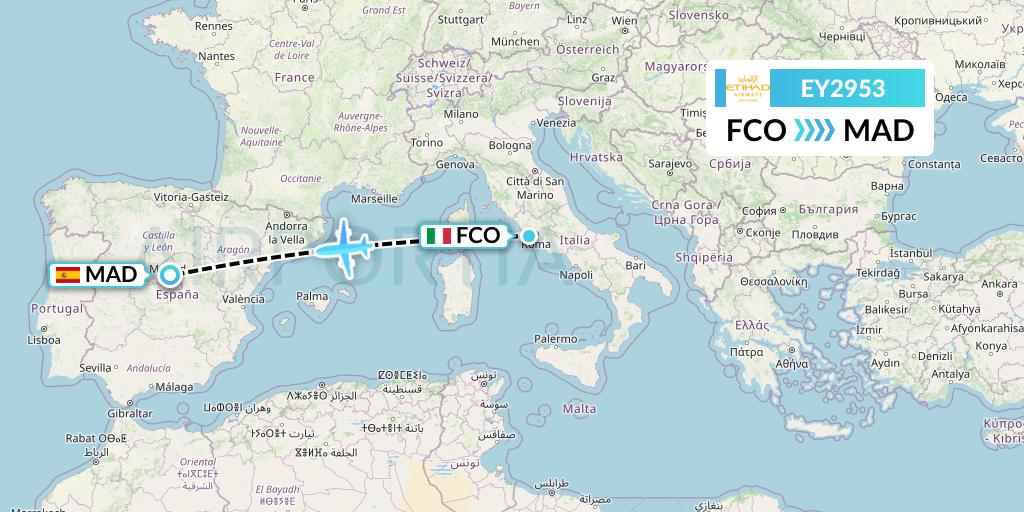 EY2953 Etihad Airways Flight Map: Rome to Madrid