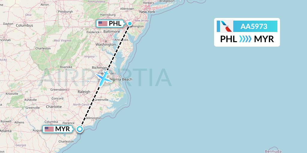AA5973 American Airlines Flight Map: Philadelphia to Myrtle Beach