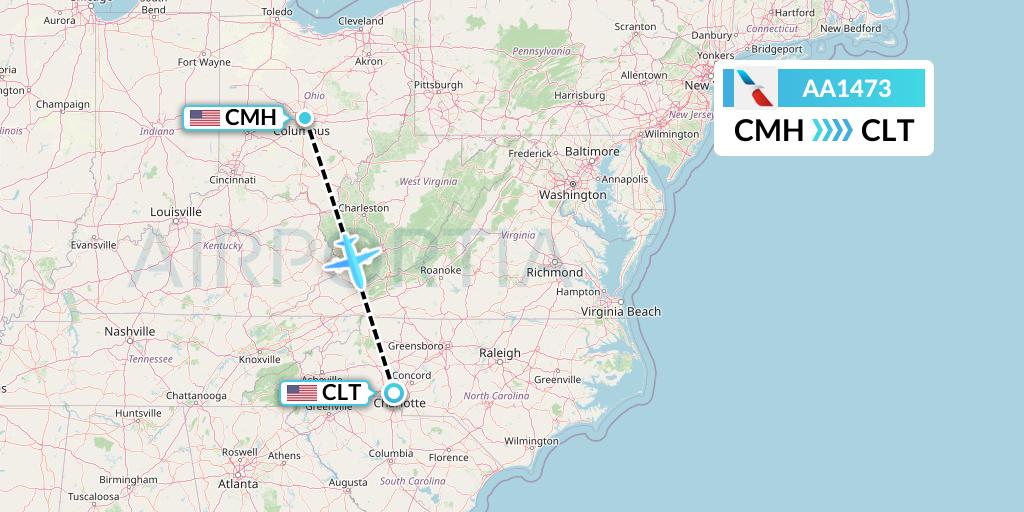 AA1473 American Airlines Flight Map: Columbus to Charlotte