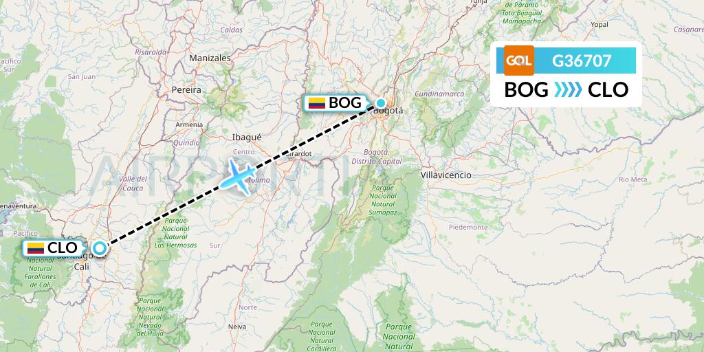 G36707 GOL Transportes Aeros Flight Map: Bogota to Cali