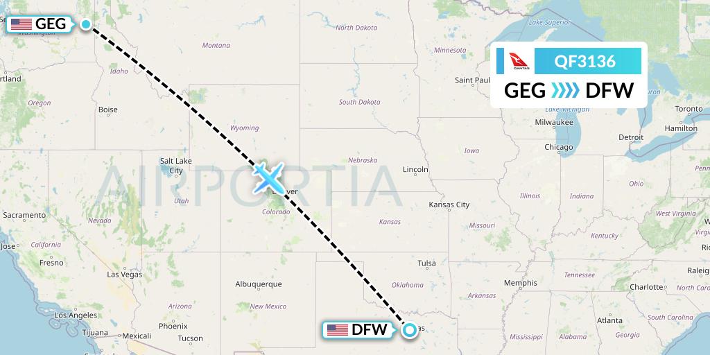 QF3136 Qantas Flight Map: Spokane to Dallas