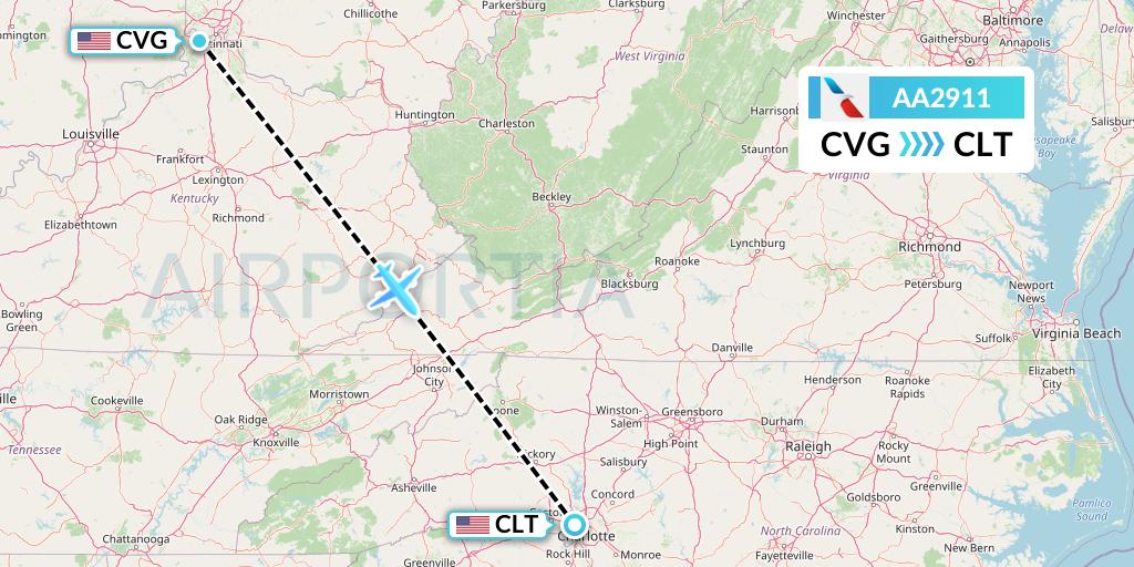 AA2911 American Airlines Flight Map: Cincinnati to Charlotte