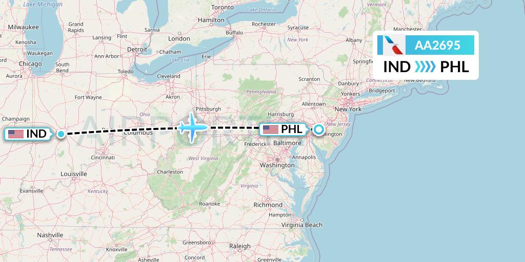 AA2695 American Airlines Flight Map: Indianapolis to Philadelphia