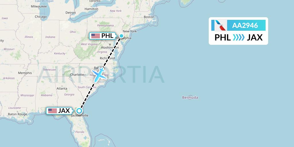 AA2946 American Airlines Flight Map: Philadelphia to Jacksonville
