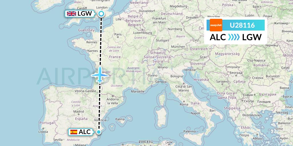 U28116 EasyJet Flight Map: Alicante to London