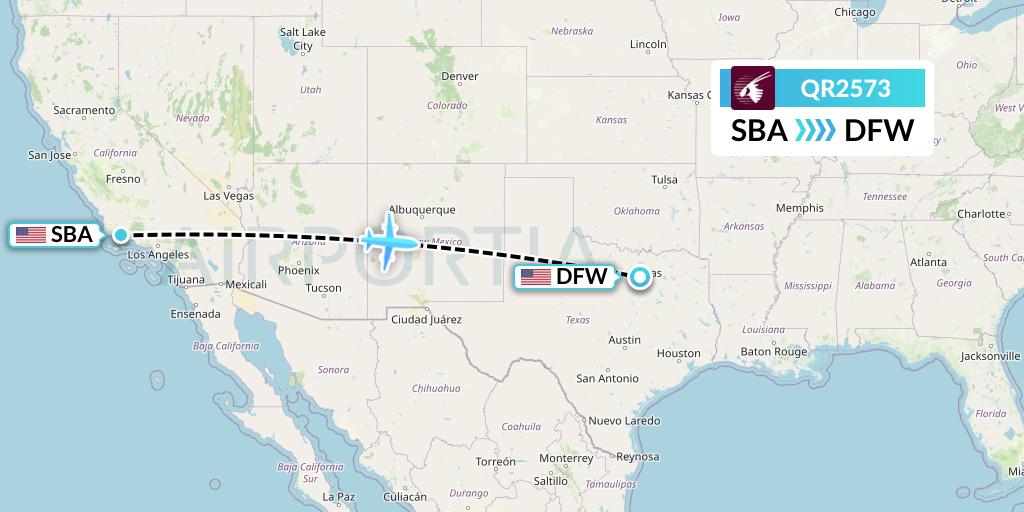 QR2573 Qatar Airways Flight Map: Santa Barbara to Dallas