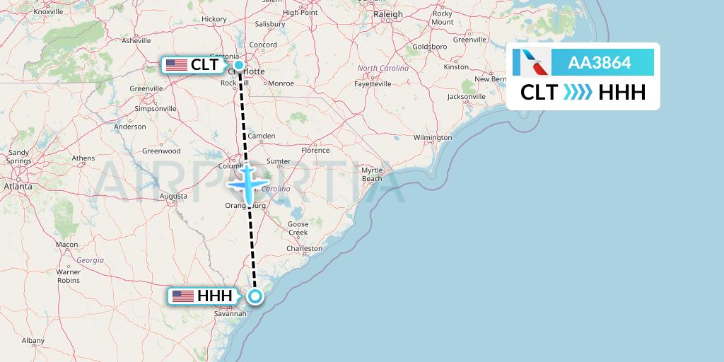 AA3864 American Airlines Flight Map: Charlotte to Hilton Head Island