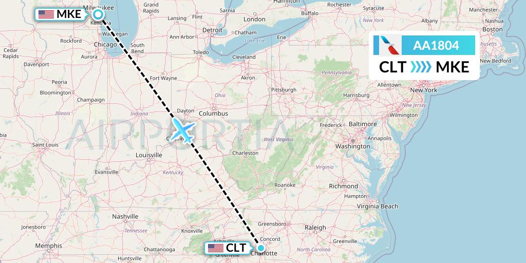 AA1804 American Airlines Flight Map: Charlotte to Milwaukee