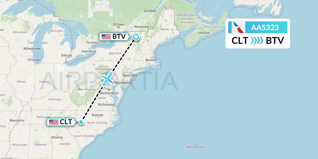 AA5323 American Airlines Flight Map: Charlotte to Burlington