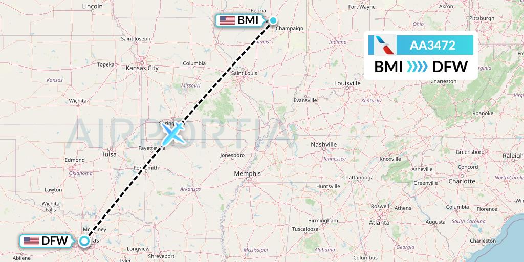 AA3472 American Airlines Flight Map: Bloomington to Dallas