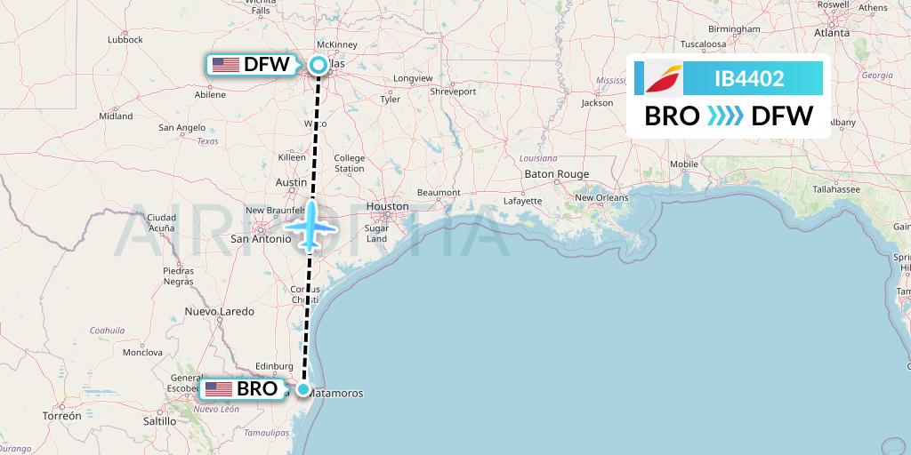 IB4402 Iberia Flight Map: Brownsville to Dallas