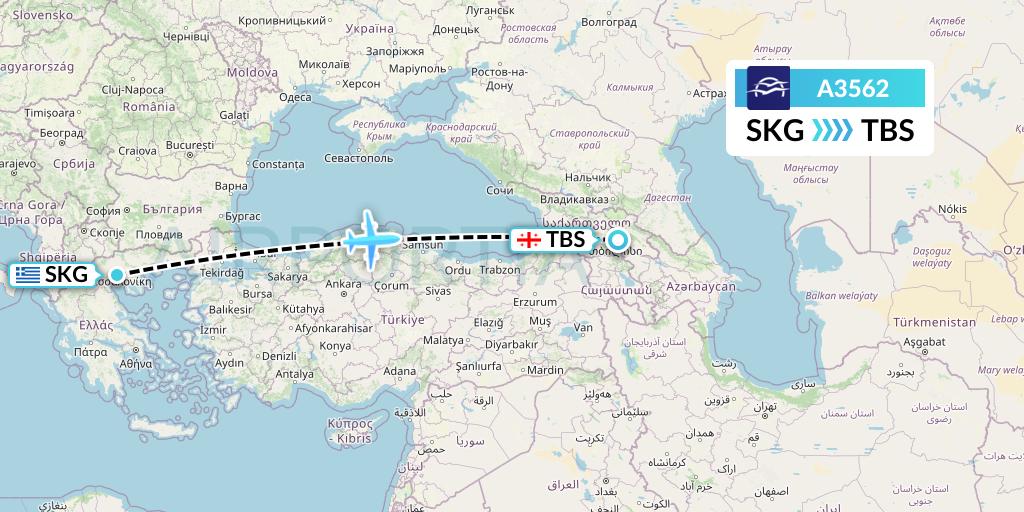A3562 Aegean Airlines Flight Map: Thessaloniki to Tbilisi