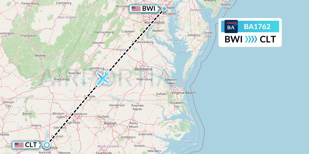 BA1762 British Airways Flight Map: Baltimore to Charlotte