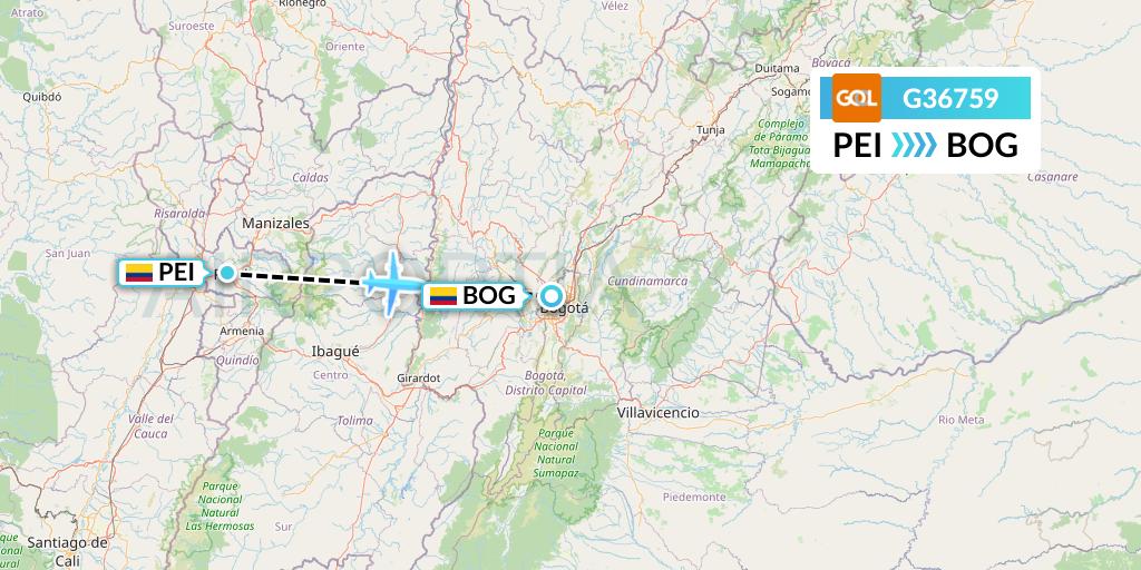 G36759 GOL Transportes Aeros Flight Map: Pereira to Bogota
