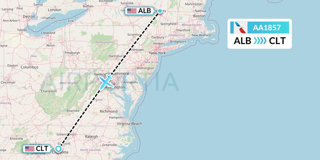 AA1857 American Airlines Flight Map: Albany to Charlotte