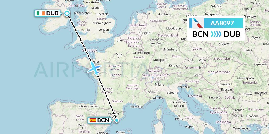 AA8097 American Airlines Flight Map: Barcelona to Dublin