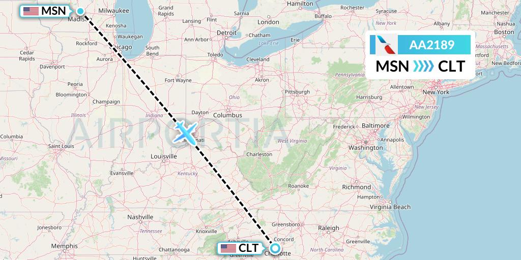 AA2189 American Airlines Flight Map: Madison to Charlotte