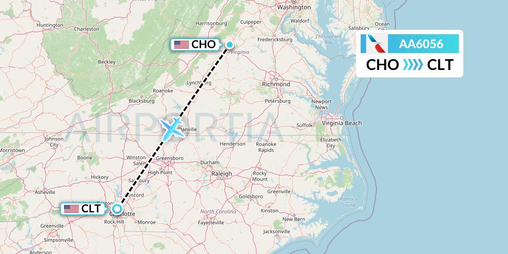 AA6056 American Airlines Flight Map: Charlottesville to Charlotte
