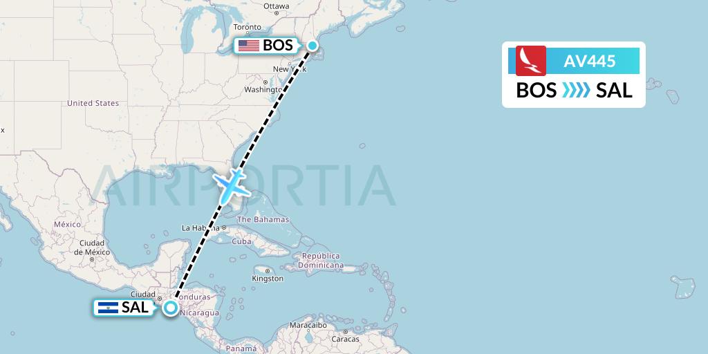AV445 Avianca Flight Map: Boston to San Salvador