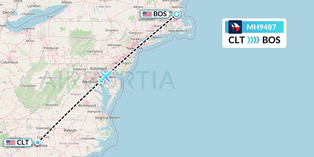 MH9487 Malaysia Airlines Flight Map: Charlotte to Boston