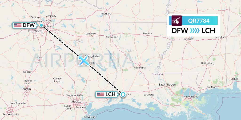 QR7784 Qatar Airways Flight Map: Dallas to Lake Charles