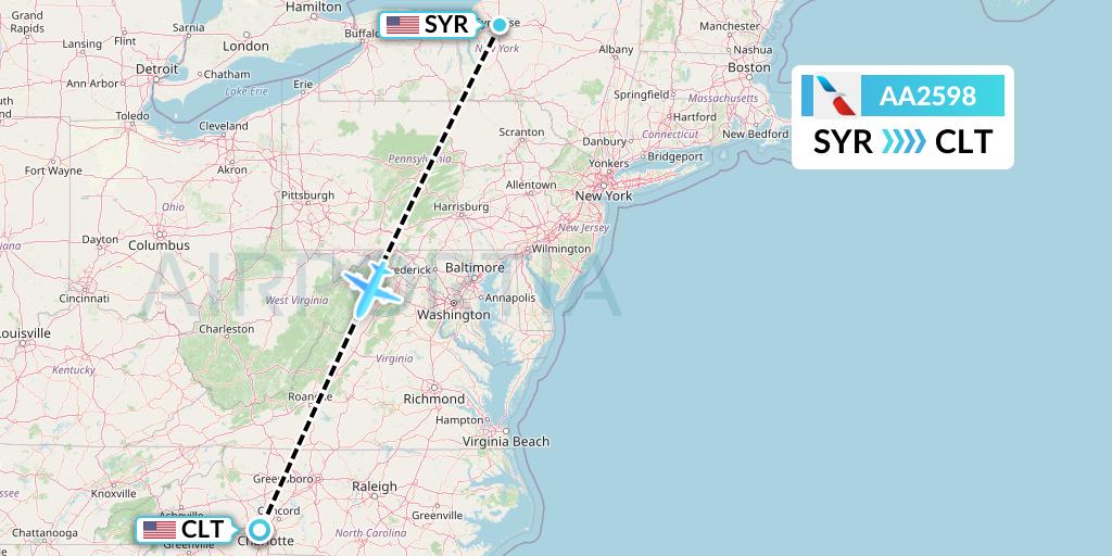 AA2598 American Airlines Flight Map: Syracuse to Charlotte