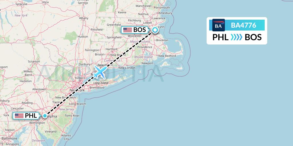BA4776 British Airways Flight Map: Philadelphia to Boston