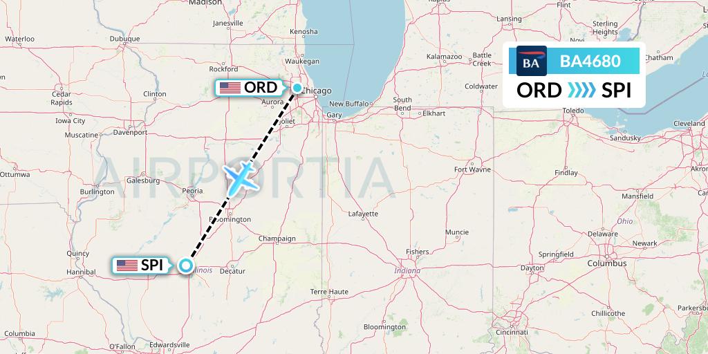 BA4680 British Airways Flight Map: Chicago to Springfield