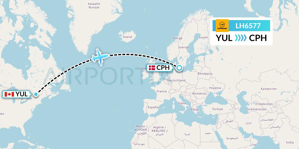 LH6577 Lufthansa Flight Map: Montreal to Copenhagen