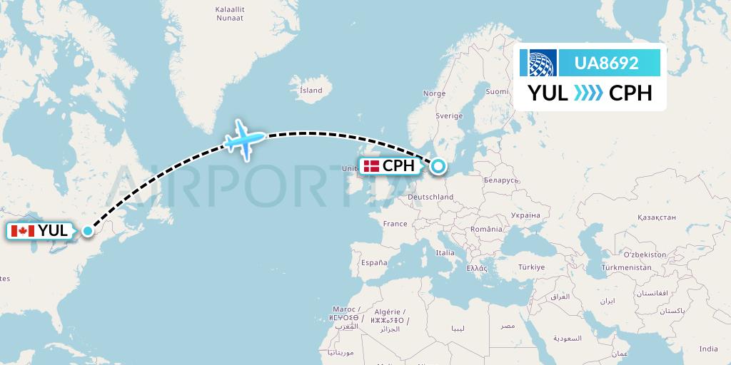 UA8692 United Airlines Flight Map: Montreal to Copenhagen