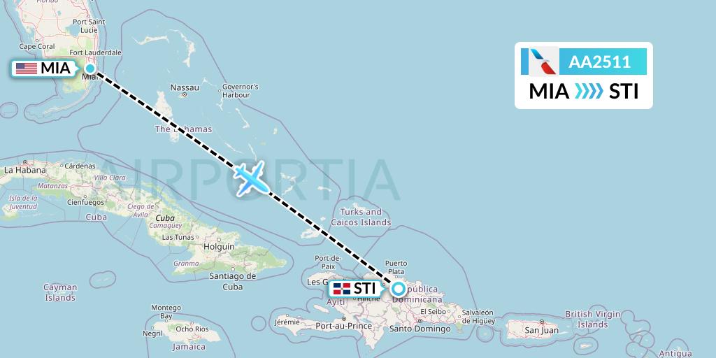 AA2511 American Airlines Flight Map: Miami to Santiago de los Caballeros