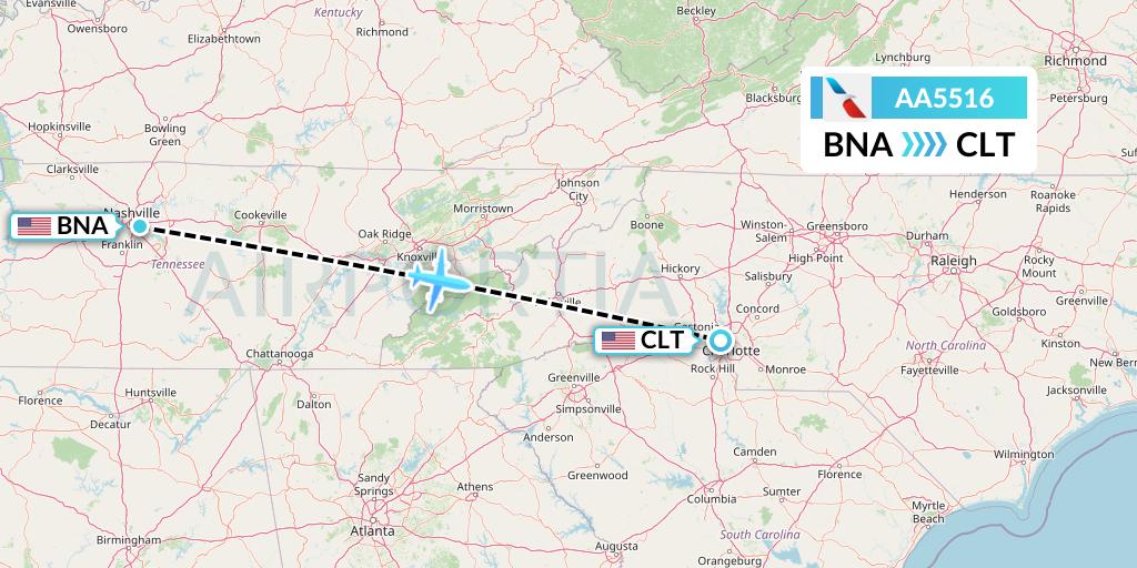 AA5516 American Airlines Flight Map: Nashville to Charlotte