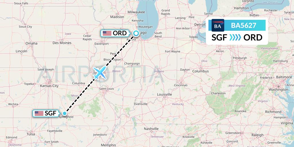 BA5627 British Airways Flight Map: Springfield to Chicago