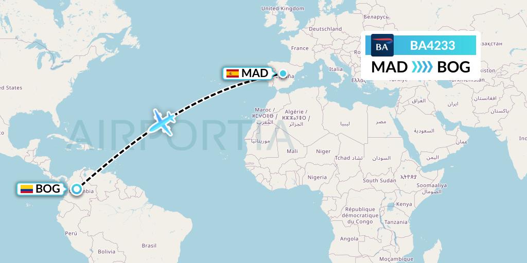 BA4233 British Airways Flight Map: Madrid to Bogota