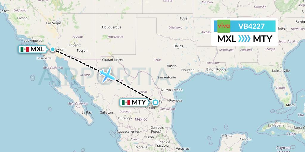 VB4227 VivaAerobus Flight Map: Mexicali to Monterrey