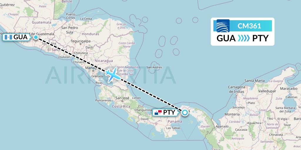 CM361 Copa Airlines Flight Map: Guatemala City to Panama City