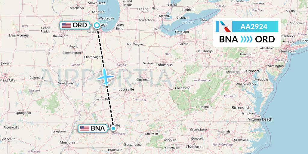 AA2924 American Airlines Flight Map: Nashville to Chicago